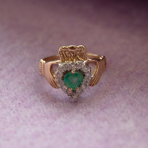 14ct Gold Diamond Emerald Claddagh Ring