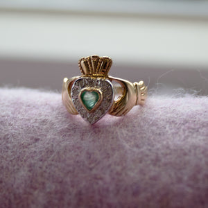 14ct Gold Emerald Diamond Claddagh Ring